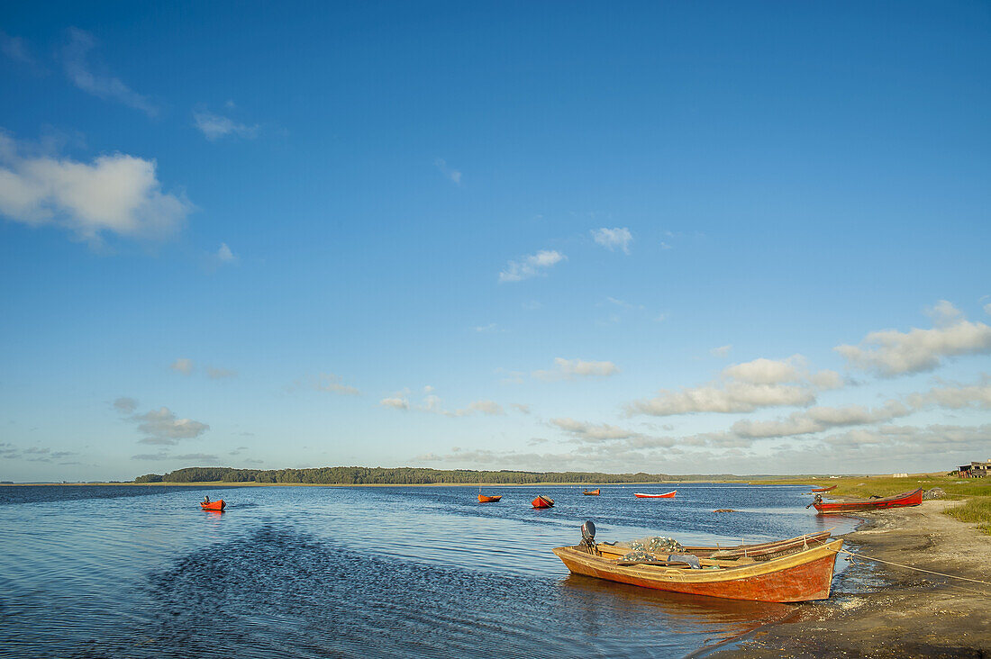 Fischerboote entlang des Ufers und im Wasser; Laguna De Rocha, Uruguay