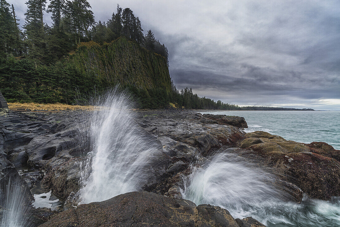 Water Explodes Through The Blow Hole Near Tow Hill On The North Shore Of Haida Gwaii, Naikoon Provincial Park; British Columbia, Canada