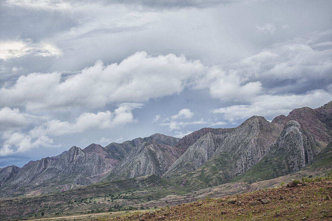 Nahezu vertikale Sandsteinschichten bilden einen gewundenen Rücken aus markanten, mehrfarbigen Rippen im Toro Toro-Nationalpark; Bolivien