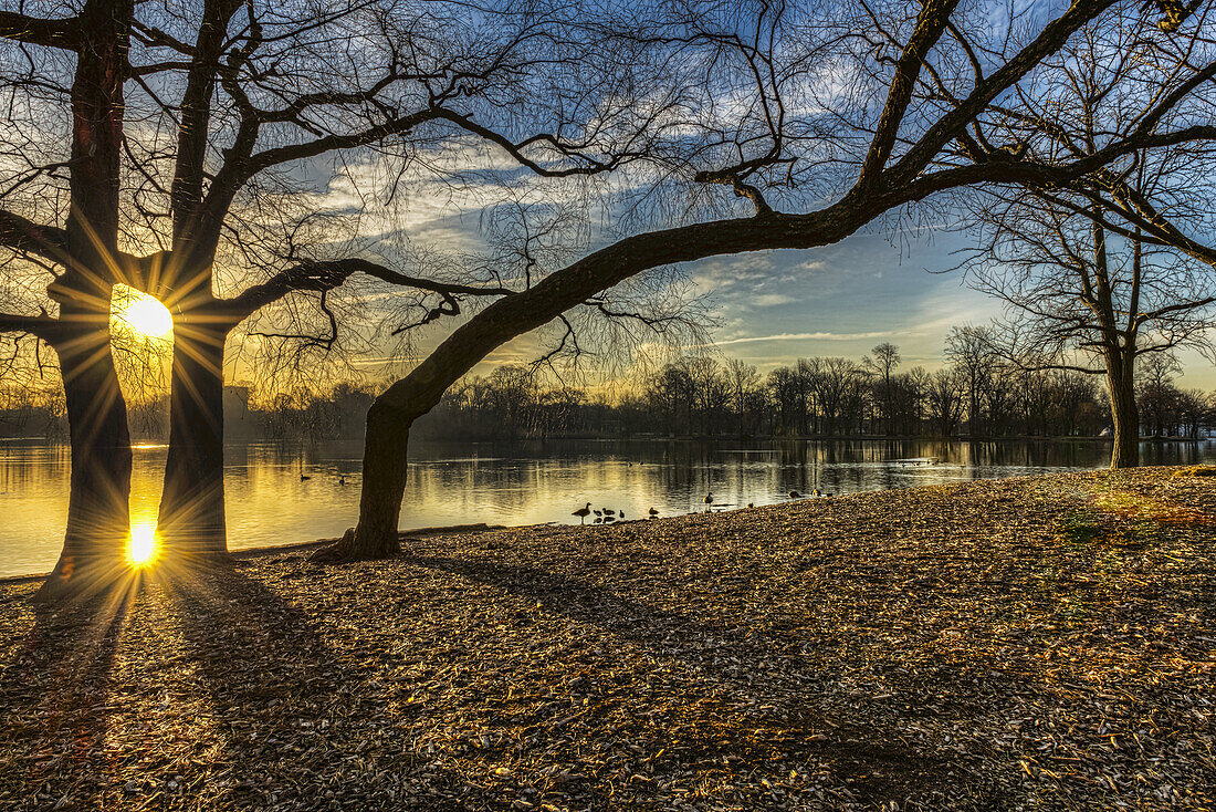 Sonnenaufgang über dem Prospect Park Lake, Prospect Park; Brooklyn, New York, Vereinigte Staaten Von Amerika