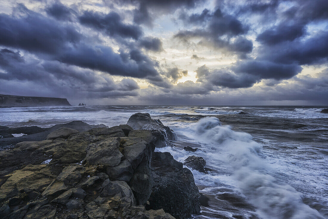 Huge Waves Crash Along The Shores Of Dyrholaey, Along The Southern Shores Of Iceland; Iceland
