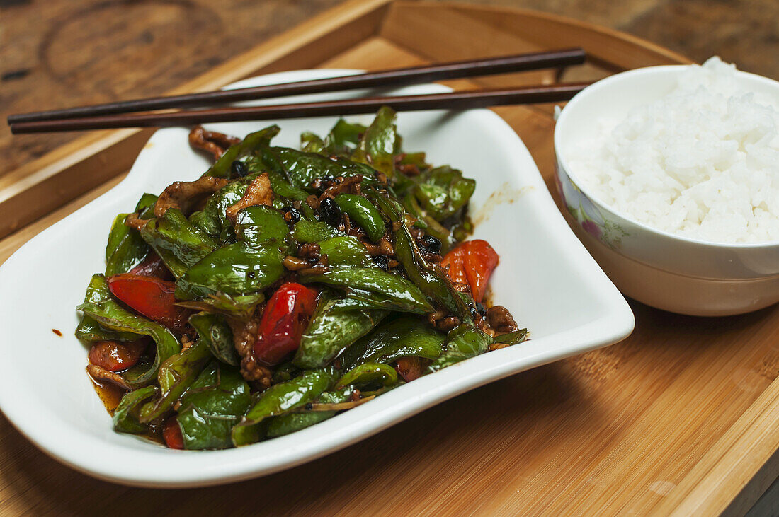 Typical Chinese Green Pepper And Pork Called Huiguorou; Wuhan, Hubei Province, China