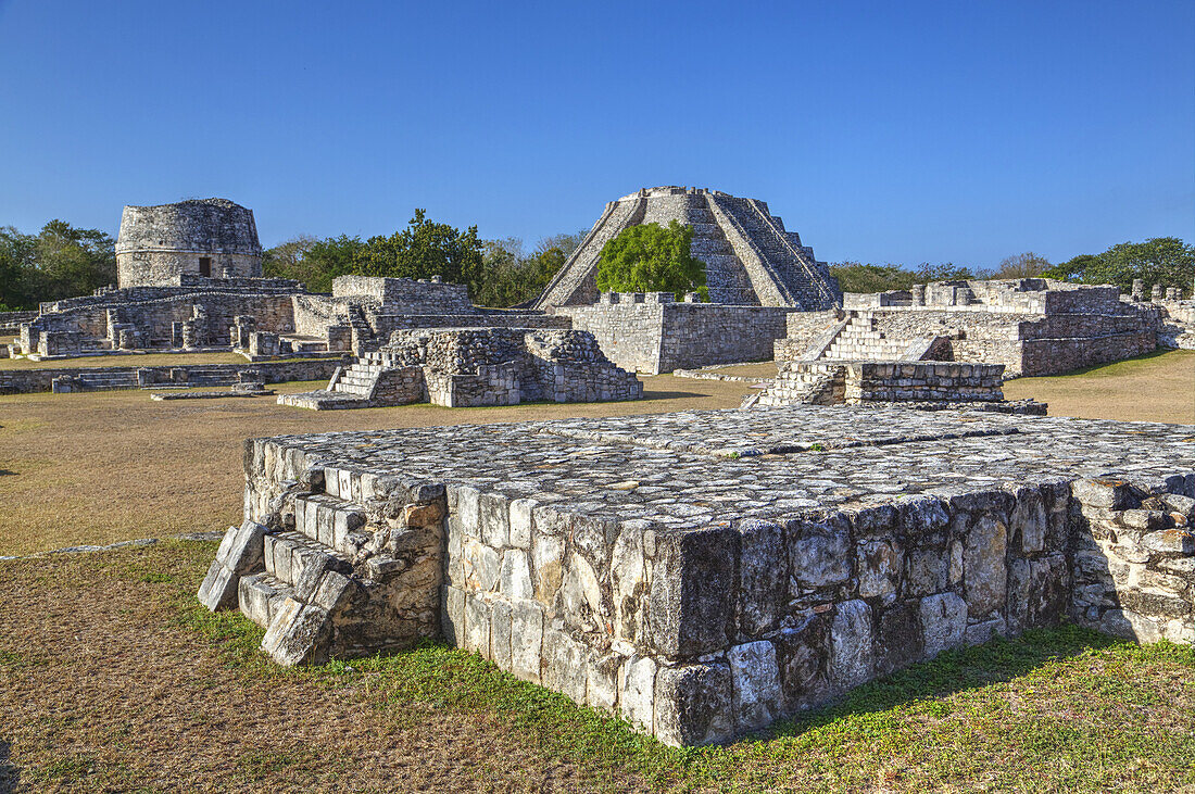 Round Temple (Back, Left), Castillo De Kukulcan (Back, Right), Mayapan Mayan Archaeological Site; Yucatan, Mexico