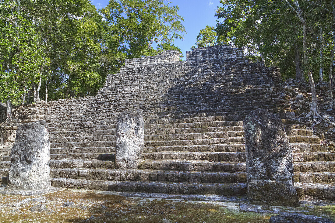 Stele 88 auf der Treppe von Struktur 13, archäologische Stätte der Maya von Calakmul; Campeche, Mexiko