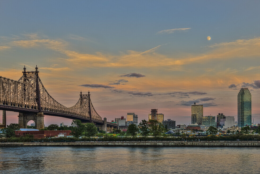 Moonrise Over Queensboro (59th Street) Bridge And The Citibank Building; Queens, New York, United States Of America