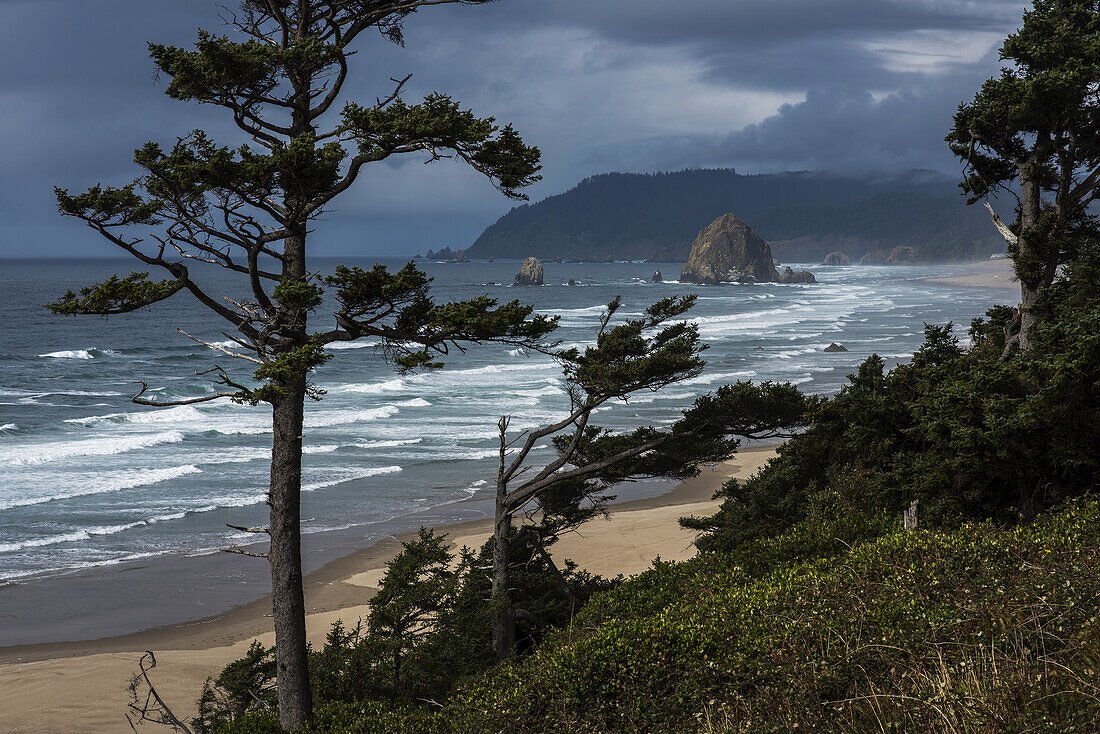 Haystack Rock And Tillamook Head Are Visible From US Highway 101; Oregon, United States Of America