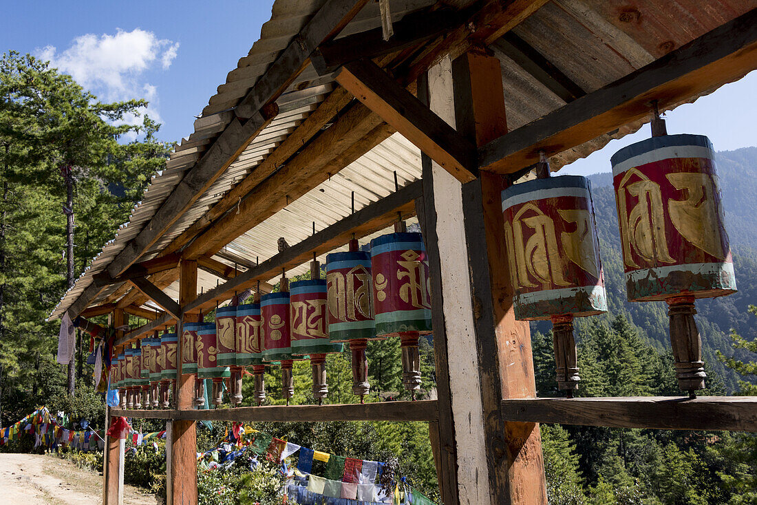 Prayer Wheels And Prayer Flags Along Taktsang Trail; Paro, Bhutan