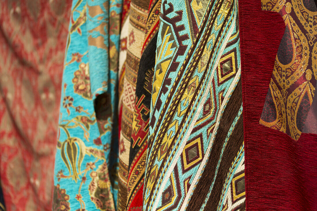 Textiles In Open Air Market In The Greek Town Of Sinasos (Mustafapasa), Near Cappadocia; Turkey