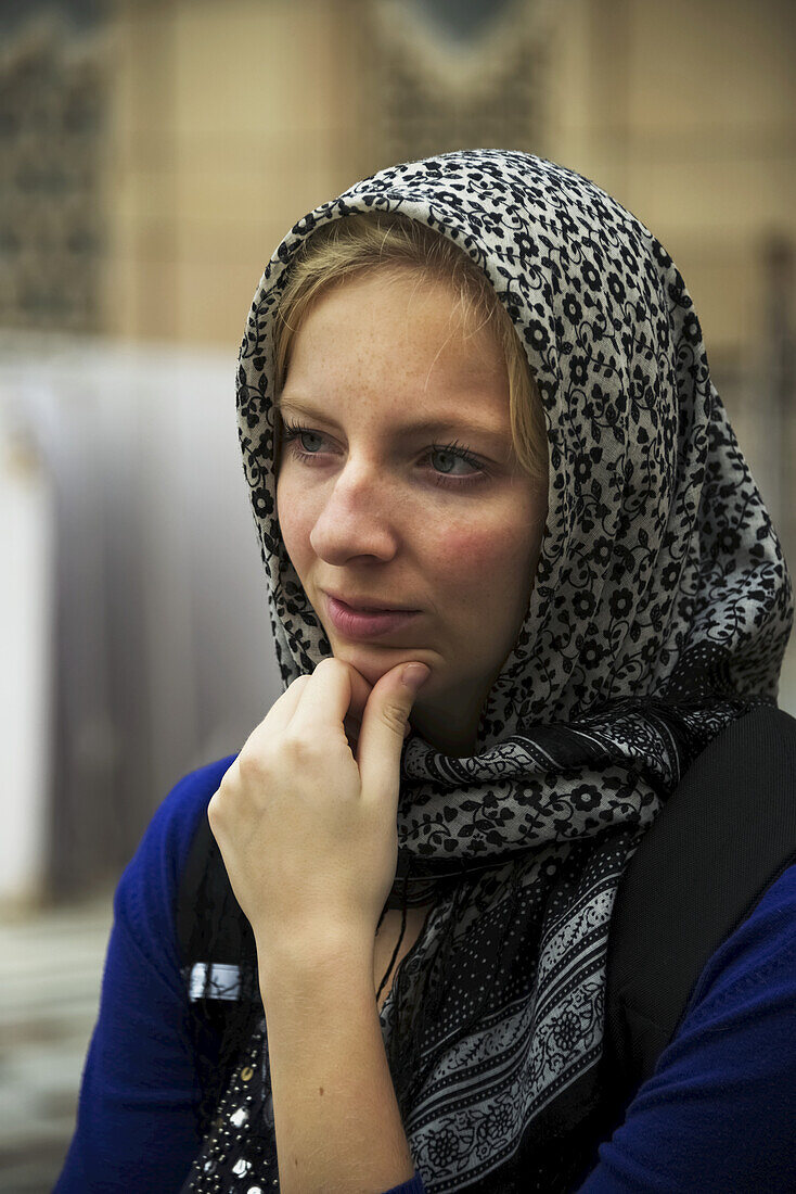 Blond Haired Woman Wearing A Headscarf; New Delhi, Delhi, India
