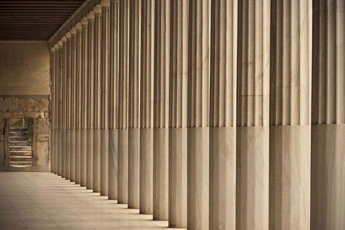 Colonnade And Steps Inside Stoa Of Attalos; Athens, Attica, Greece