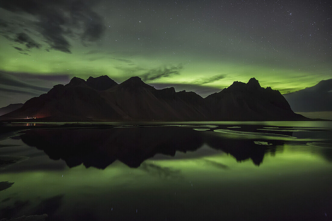 Northern Lights Over Vestrahorn, Southern Iceland; Vestrahorn, Iceland