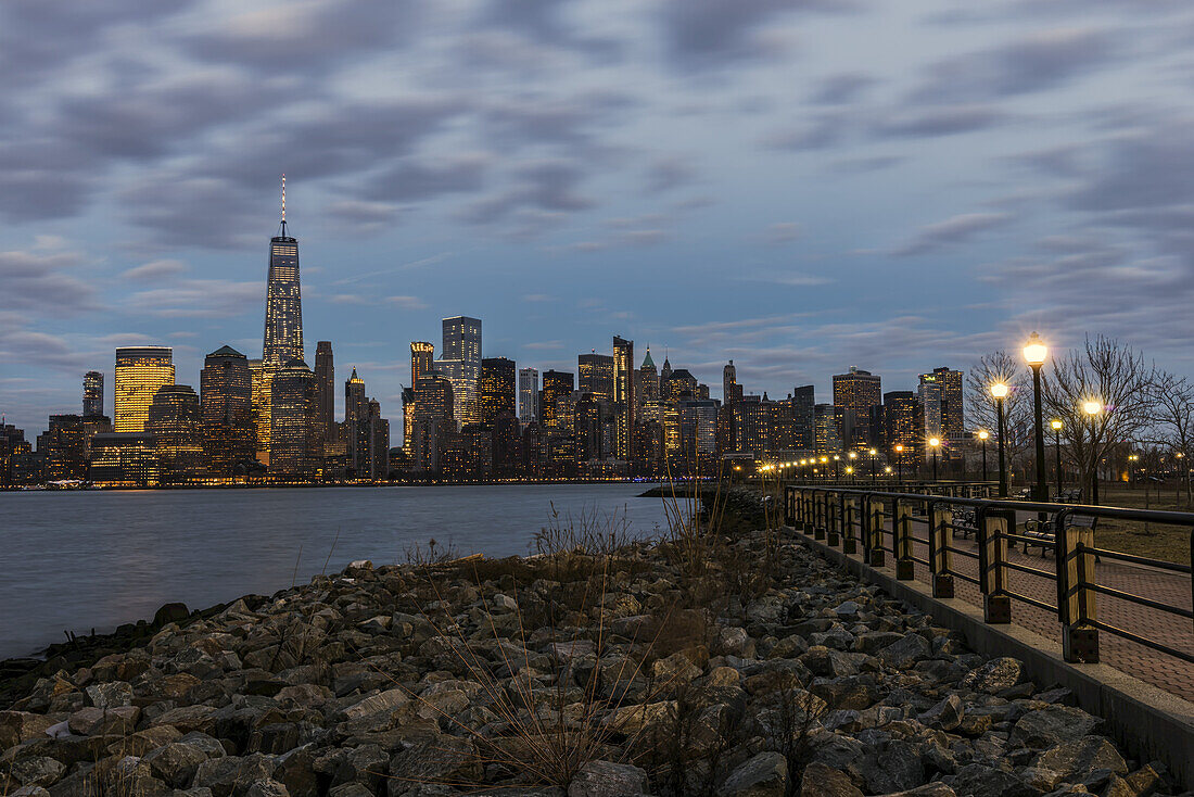 Manhattan Skyline At Twilight, Liberty State Park; Jersey City, New York, United States Of America