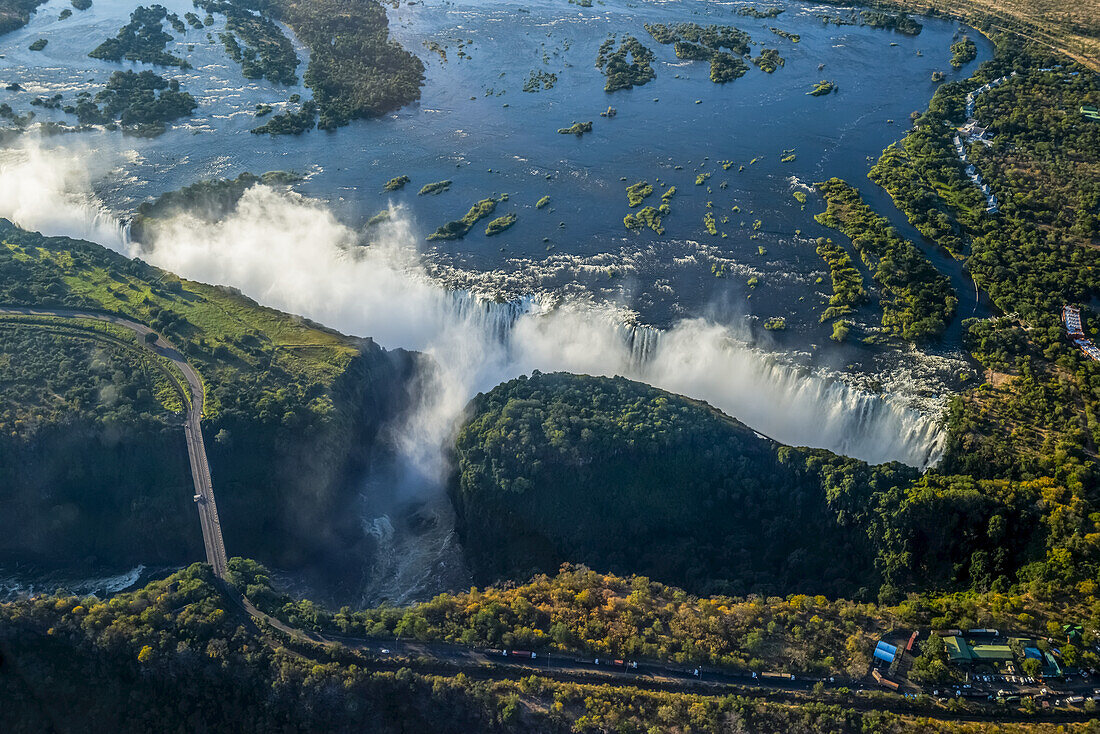 Aerial View Of Victoria Falls Behind Road; Botswana