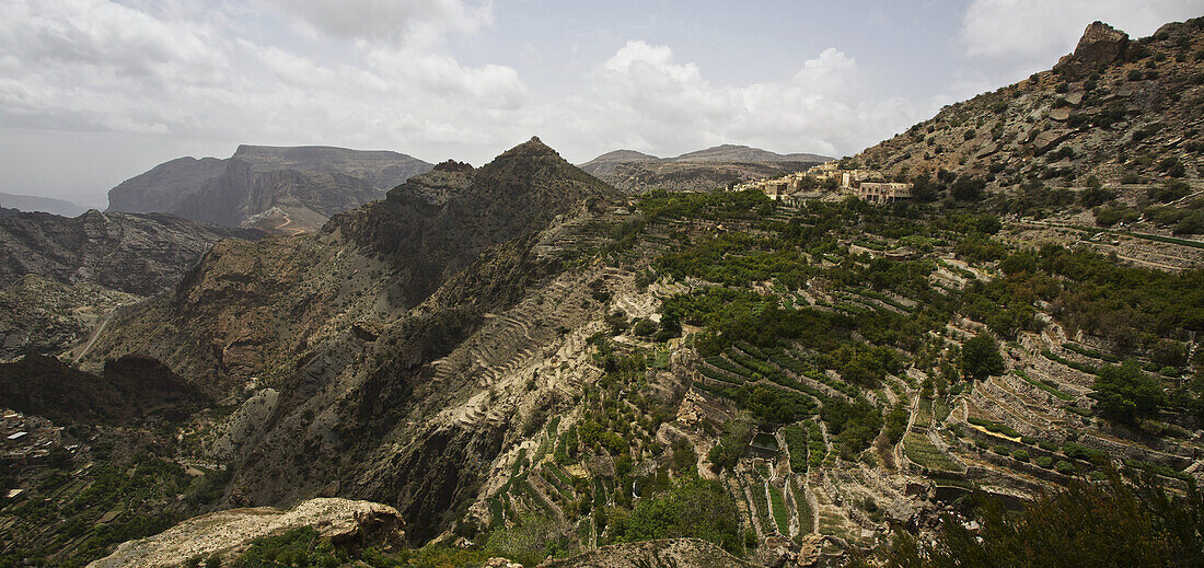 Mountainous Landscape With Village And Terraced Fields Of Roses