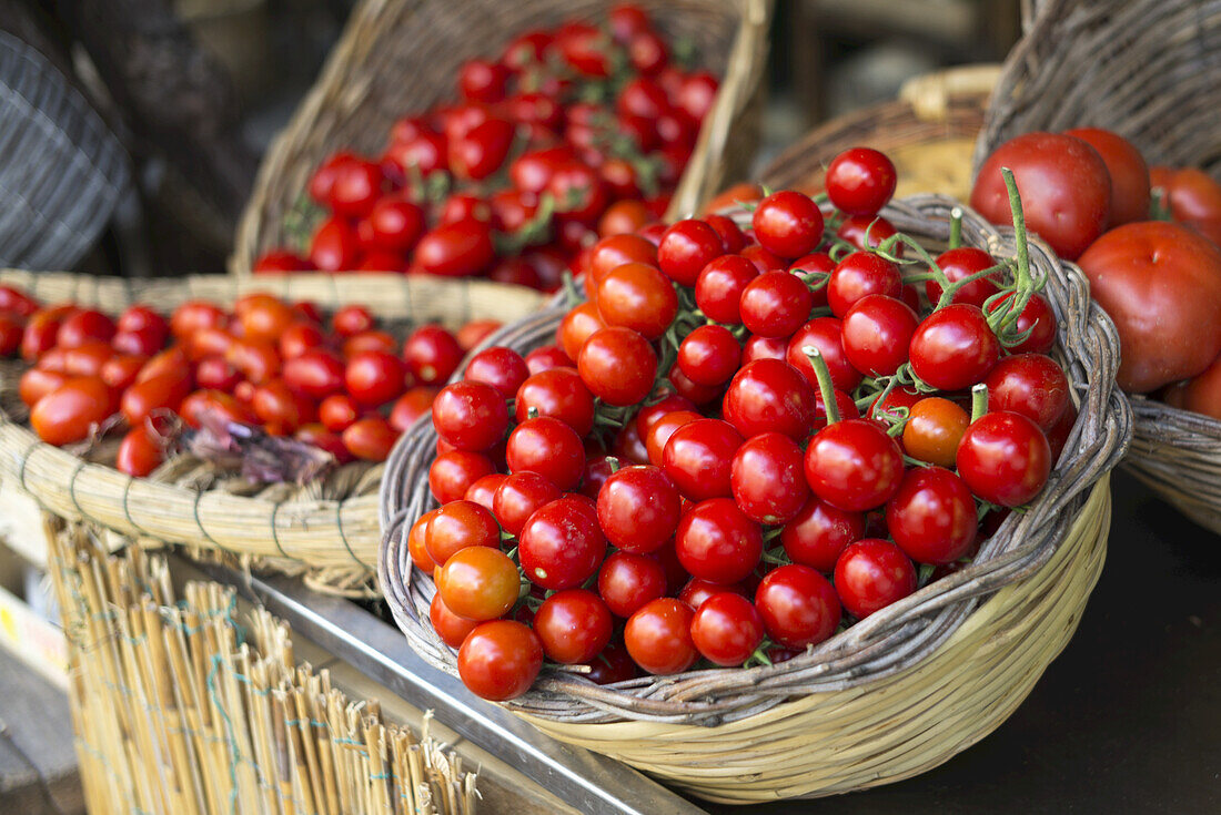 Bright Red, Ripe Tomatoes In Baskets; Ischia, Campania, Italy