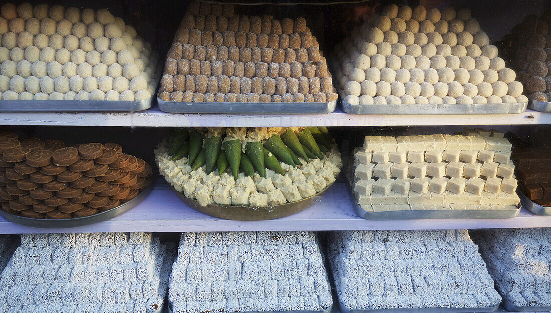 Display Of Indian Sweets In A Sweetshop In The Bazaar