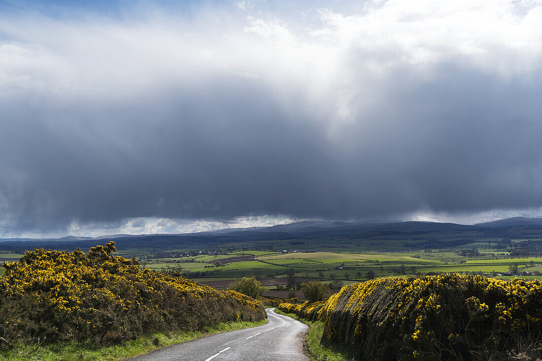Bedrohliche Sturmwolken über einer nassen Straße und Ackerland; Northumberland, England