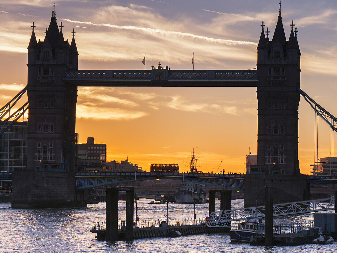 Silhouette Of Tower Bridge At Sunset; London, England