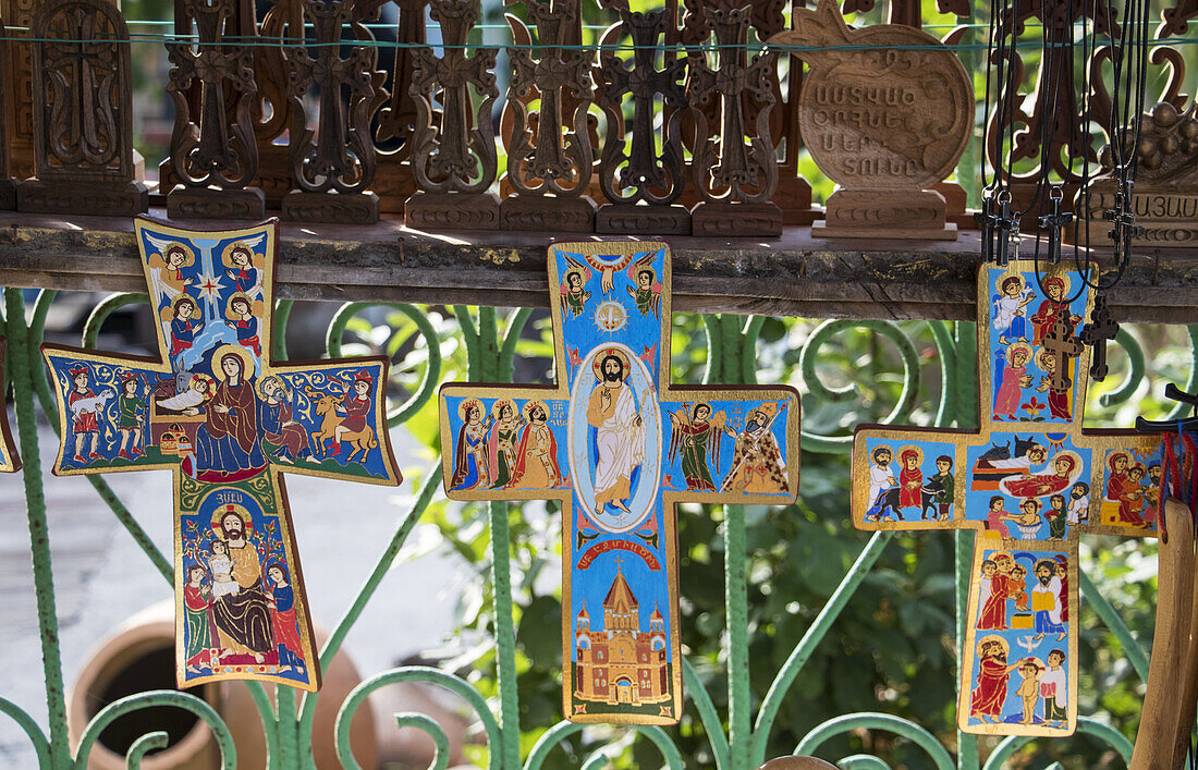Painted Crosses For Sale By The Sanahin Monastery; Lori Province, Armenia
