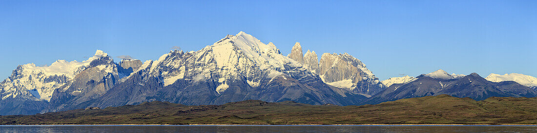 Sunrise Panorama Of Cordillera Paine Range In Torres Del Paine National Park With Lake Sarmiento And Famous Torres Del Paine Peaks In Chilean Part Of Patagonia; Chile