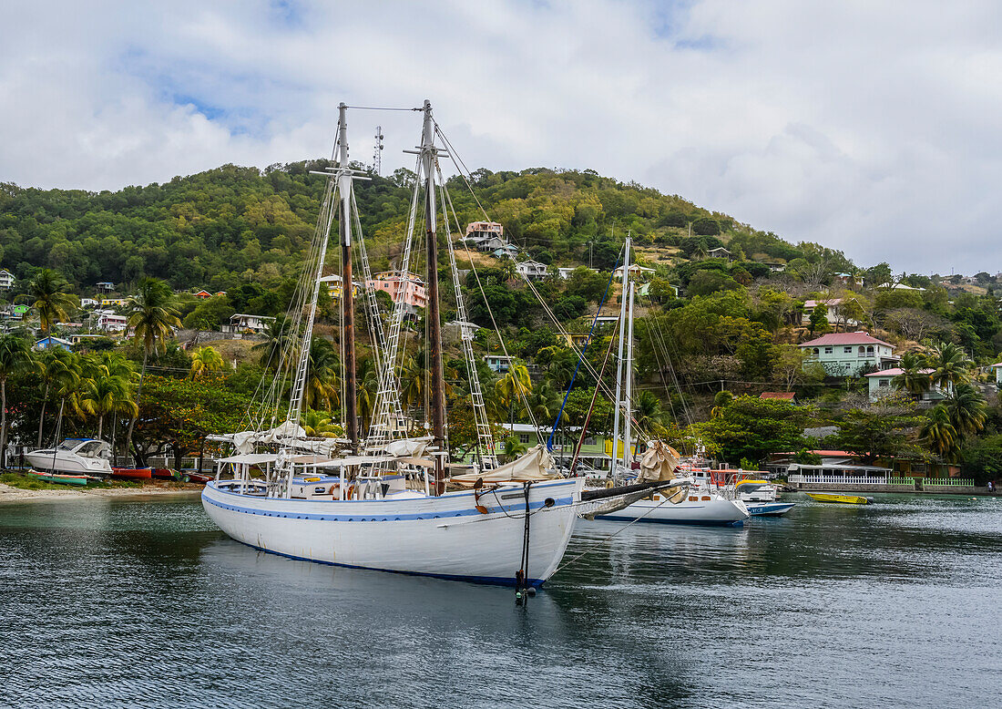 Two masted yacht moored in the harbour of Port Elizabeth; Port Elizabeth, Bequia, Saint Vincent and the Grenadines