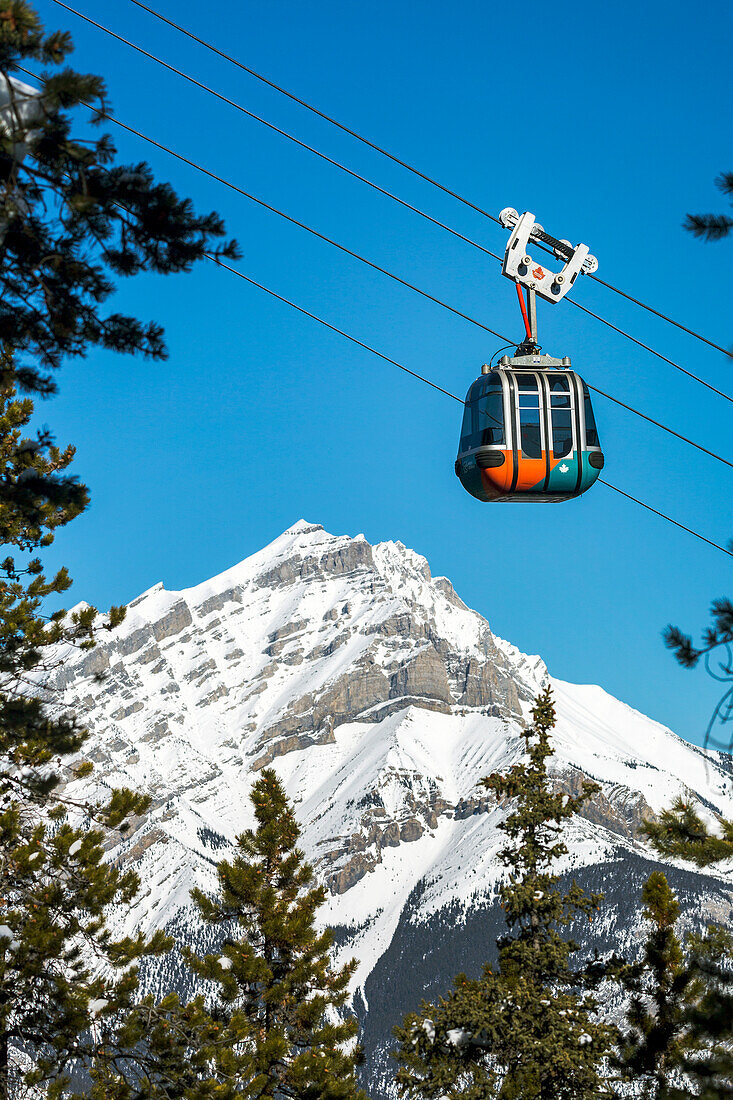 Gondola pod travelling along cables with snow covered mountain and blue sky in the background framed by evergreen trees, Banff National Park; Banff, Alberta, Canada