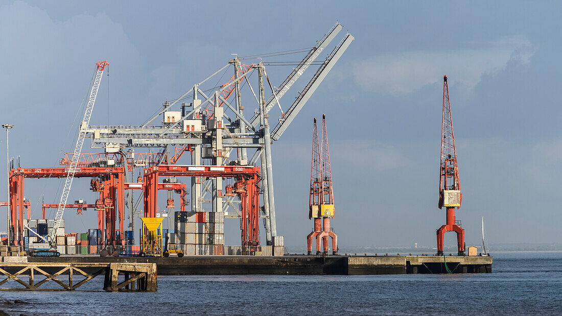 Commercial port with cranes along the Tagus River; Lisbon, Setubal District, Portugal