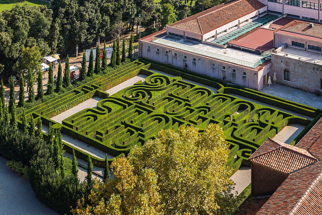 Top view of maze with gravel paths and trimmed deciduous hedges from bell tower on San Giorgio Maggiore Island, Venice lagoon; San Giorgio Maggiore, Venice, Veneto, Italy Veneto, Italy