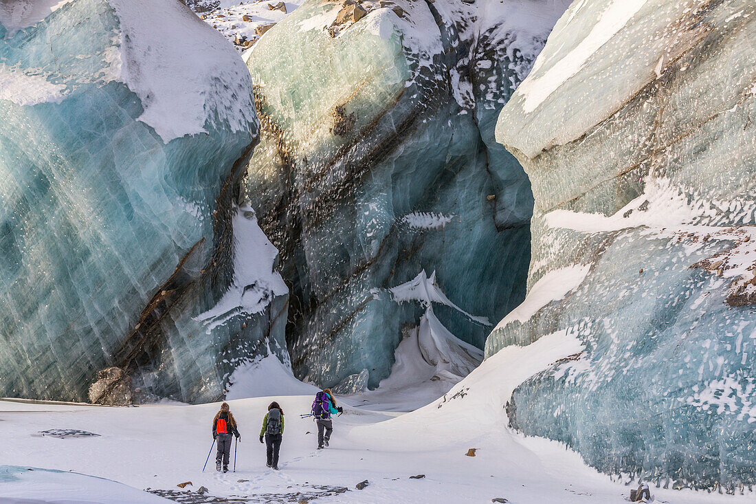 Winterwanderer erkunden den Black Rapids Glacier; Alaska, Vereinigte Staaten von Amerika