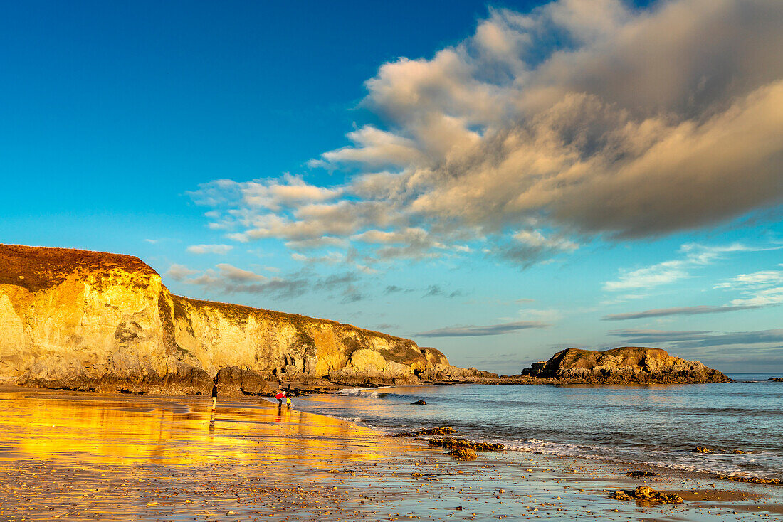 A family walks on the beach along the River Tyne and the Atlantic coast; South Shields, Tyne and Wear, England