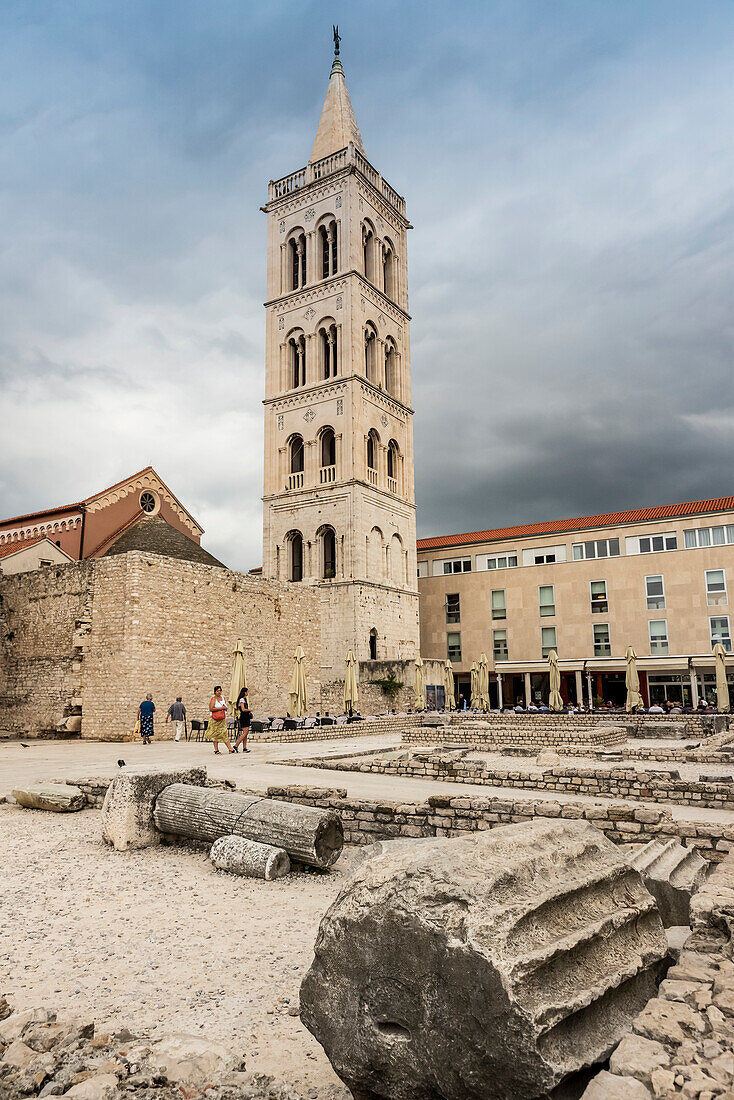 Roman ruins and the Tower of St Anastasia's Cathedral; Zadar, Croatia