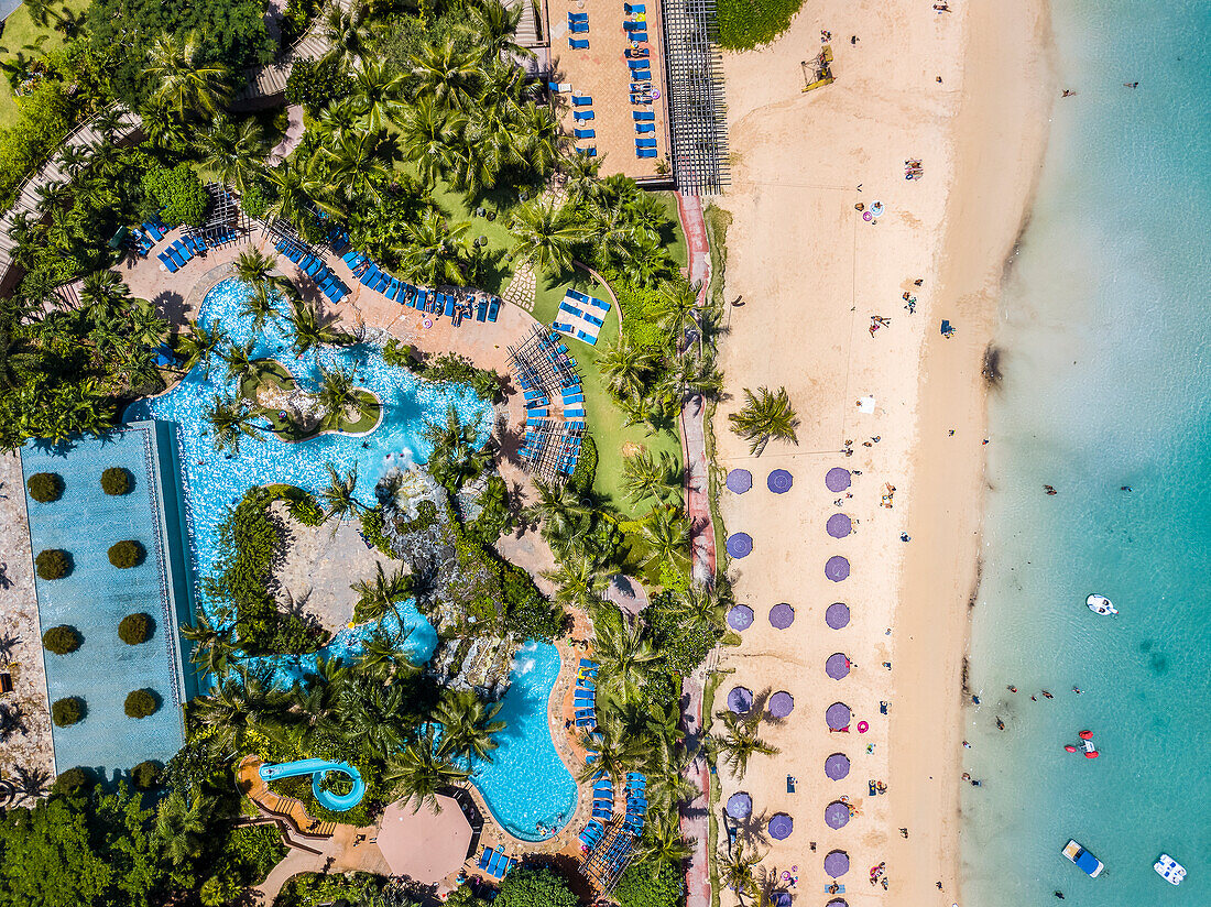 An aerial of the pool and beach at the Outrigger Hotel on Tumon Bay; Guam, Micronesia
