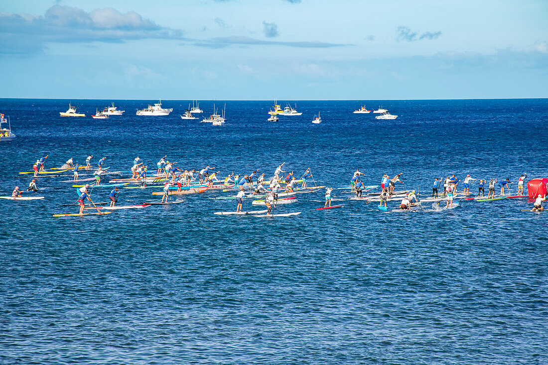 The starting line for the 21st Annual Molokai to Oahu Paddleboard World Championships on Sunday, July 30, 2017, Kepuhi Beach; Kaluakoi, Molokai, Hawaii, United States of America