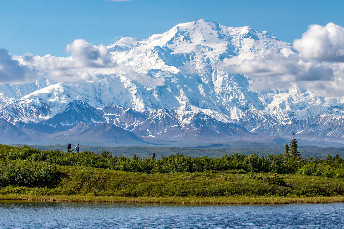 The mountain Denali in Denali National Park and Preserve, viewed from the Park Road driving to Wonder Lake. Photo shows hikers in back of Reflection Pond and dwarfed by Denali; Alaska, United States of America
