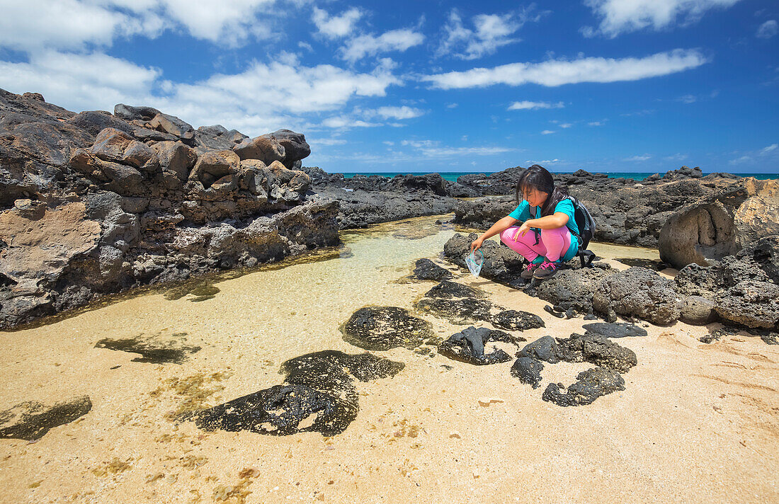 A young girl pulls a plastic bag out of a tide pool beside Kawakiu Nui Beach on Molokai's West End; Molokai, Hawaii, United States of America