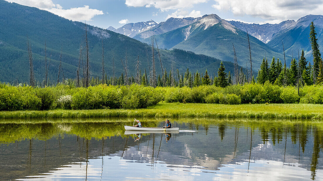 Canoeing on Vermillion Lakes in the Canadian Rocky Mountains, Bow River Valley, Banff National Park; Alberta, Canada