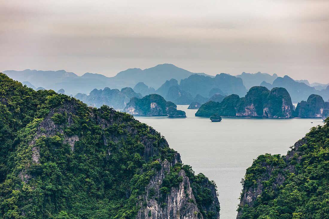 Water and foliage covered limestone formations, Ha Long Bay; Quang Ninh Province, Vietnam