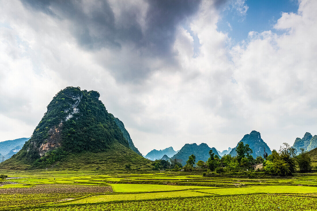 Fields and limestone karsts; Cao Bang, Cao Bang Province, Vietnam