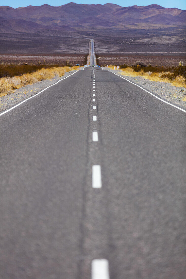 Straße durch die trockene und gebirgige Landschaft des Los Cardones Nationalparks; Provinz Salta, Argentinien