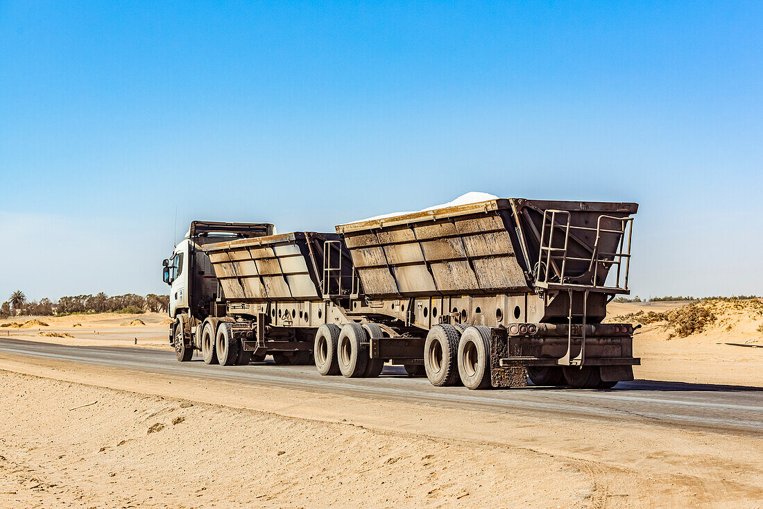 Truck carrying salt from the salt mine, Walvis Bay, Skeleton Coast, Dorob National Park; Namibia
