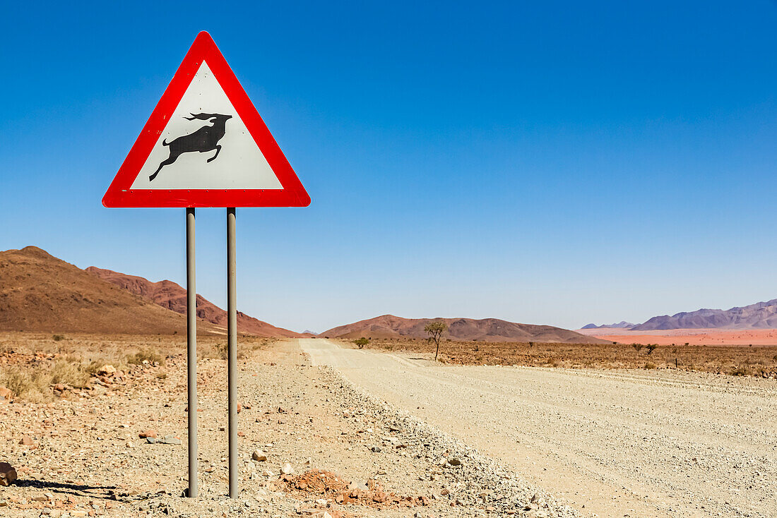 Achtung-Wildtier-Schild an einer langen Trockenstraße, Namib-Wüste, Namib-Naukluft-Nationalpark; Namibia