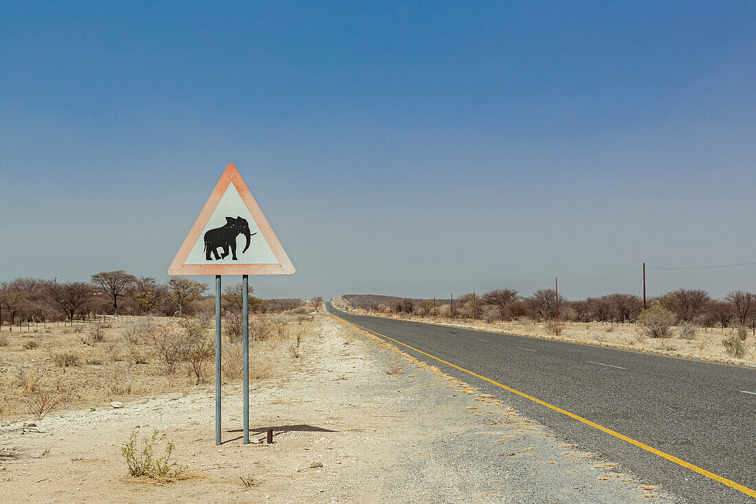 Elefantenwarnschild am Straßenrand; Namibia