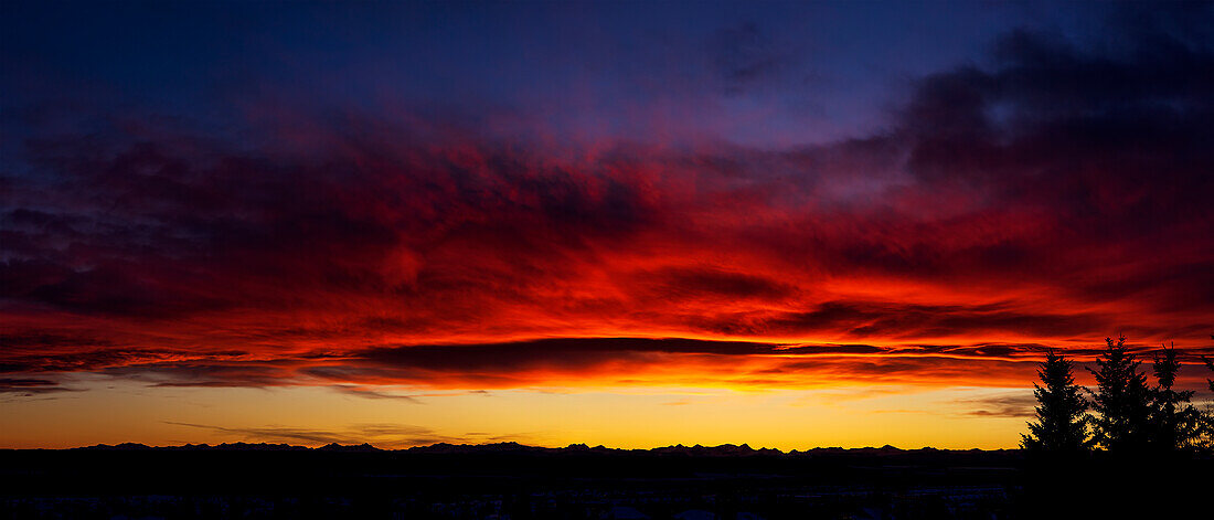 Dramatischer farbenfroher Himmel/Wolken bei Sonnenuntergang mit Silhouetten von Bäumen und Gebirgszügen im Hintergrund; Calgary, Alberta, Kanada