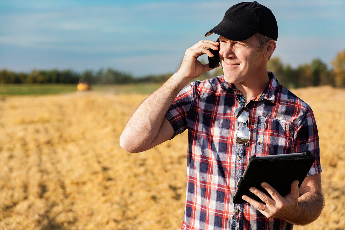 Ein Landwirt telefoniert und nutzt sein Tablet, um die Weizenernte zu steuern, während im Hintergrund ein Mähdrescher arbeitet: Alcomdale, Alberta, Kanada