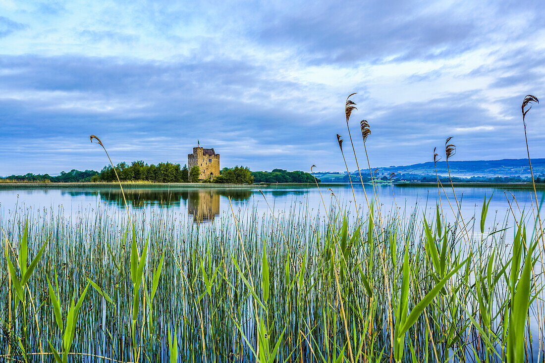 Castlebawn Castle am Ufer des Lough Derg, das sich an einem ruhigen, bewölkten Sommertag im Wasser spiegelt, mit Schilf im Vordergrund; Scariff, Grafschaft Clare, Irland