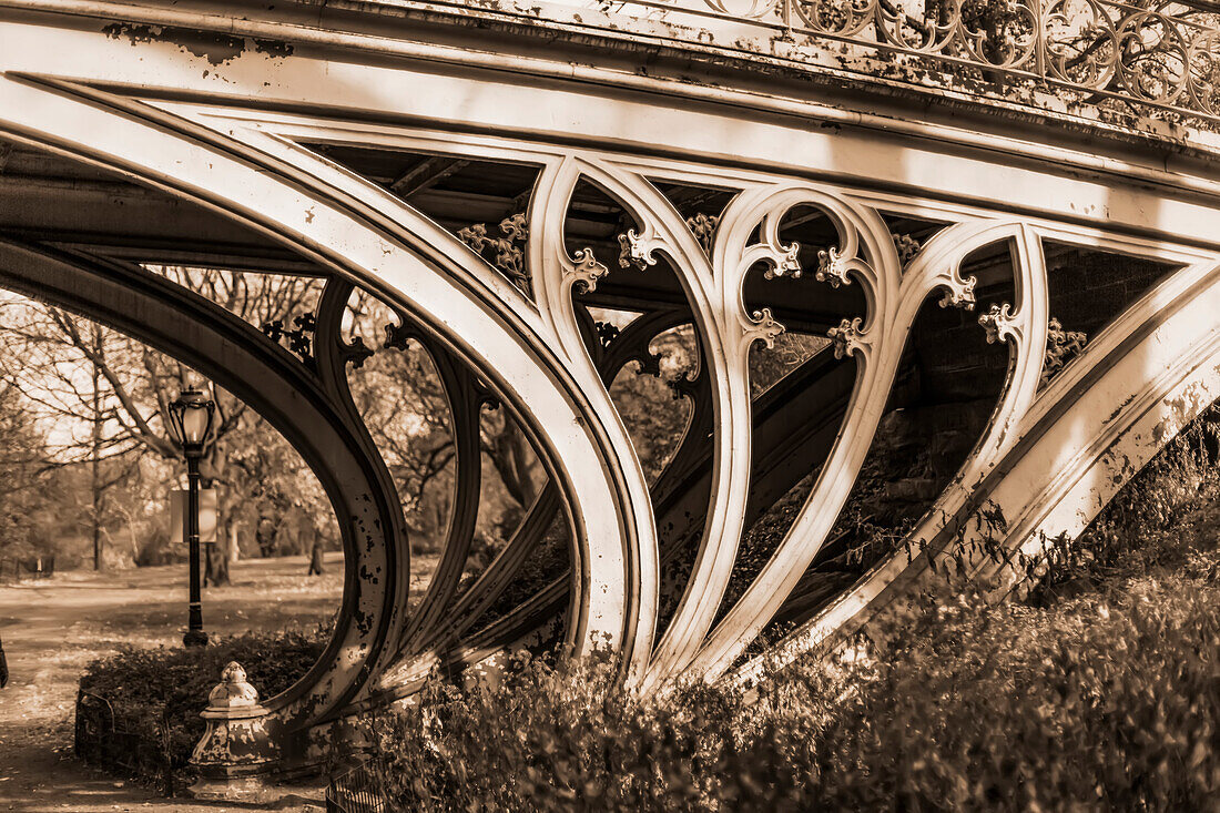 Dekorative Struktur einer Brücke, Central Park, Manhattan; New York City, New York, Vereinigte Staaten von Amerika