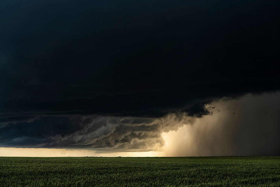 Dramatischer Himmel über den Ebenen des Mittleren Westens der Vereinigten Staaten während der Tornadosaison. Erstaunliche Wolkenformationen zeigen die Kraft und Schönheit von Mutter Natur; Nebraska, Vereinigte Staaten von Amerika