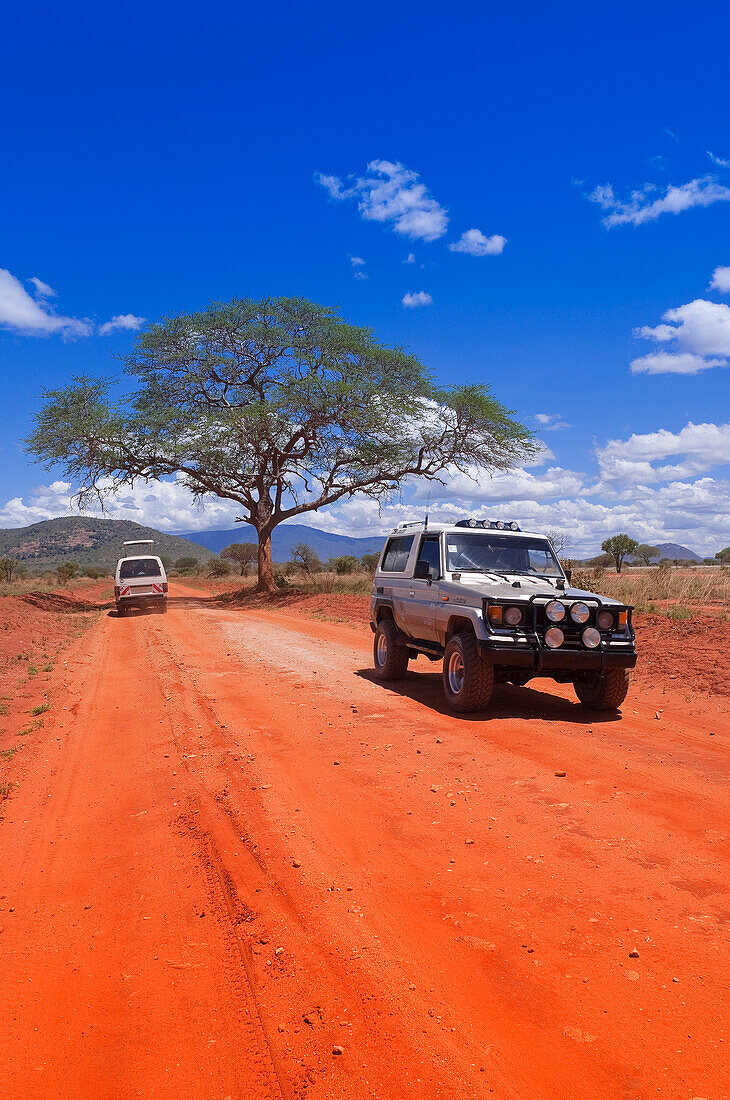 Safari Vehicles on Dirt Road, Tsavo National Park, Kenya