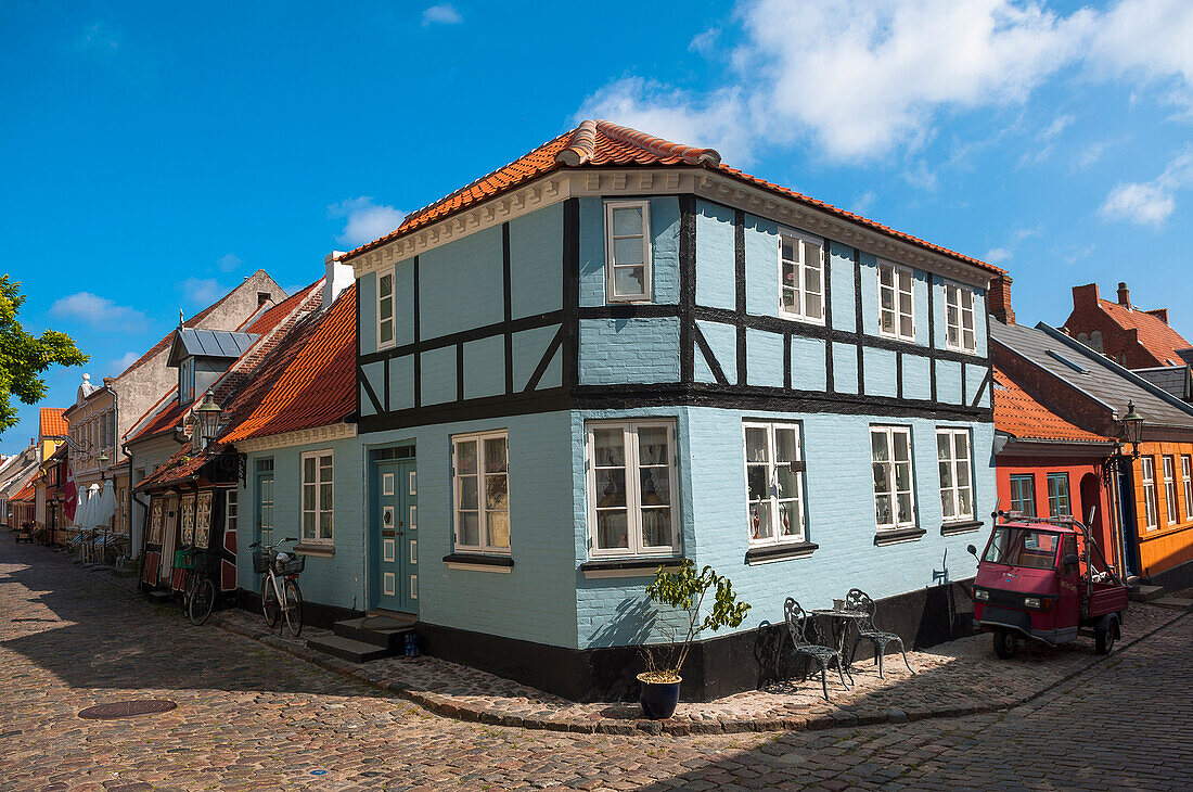 Typical painted houses and Cobblestone Street, Aeroskobing Village, Aero Island, Jutland Peninsula, Region Syddanmark, Denmark, Europe