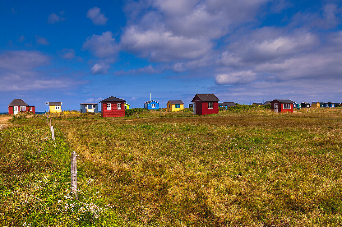 Field and Beach Huts, Aeroskobing, Aero Island, Jutland Peninsula, Region Syddanmark, Denmark, Europe